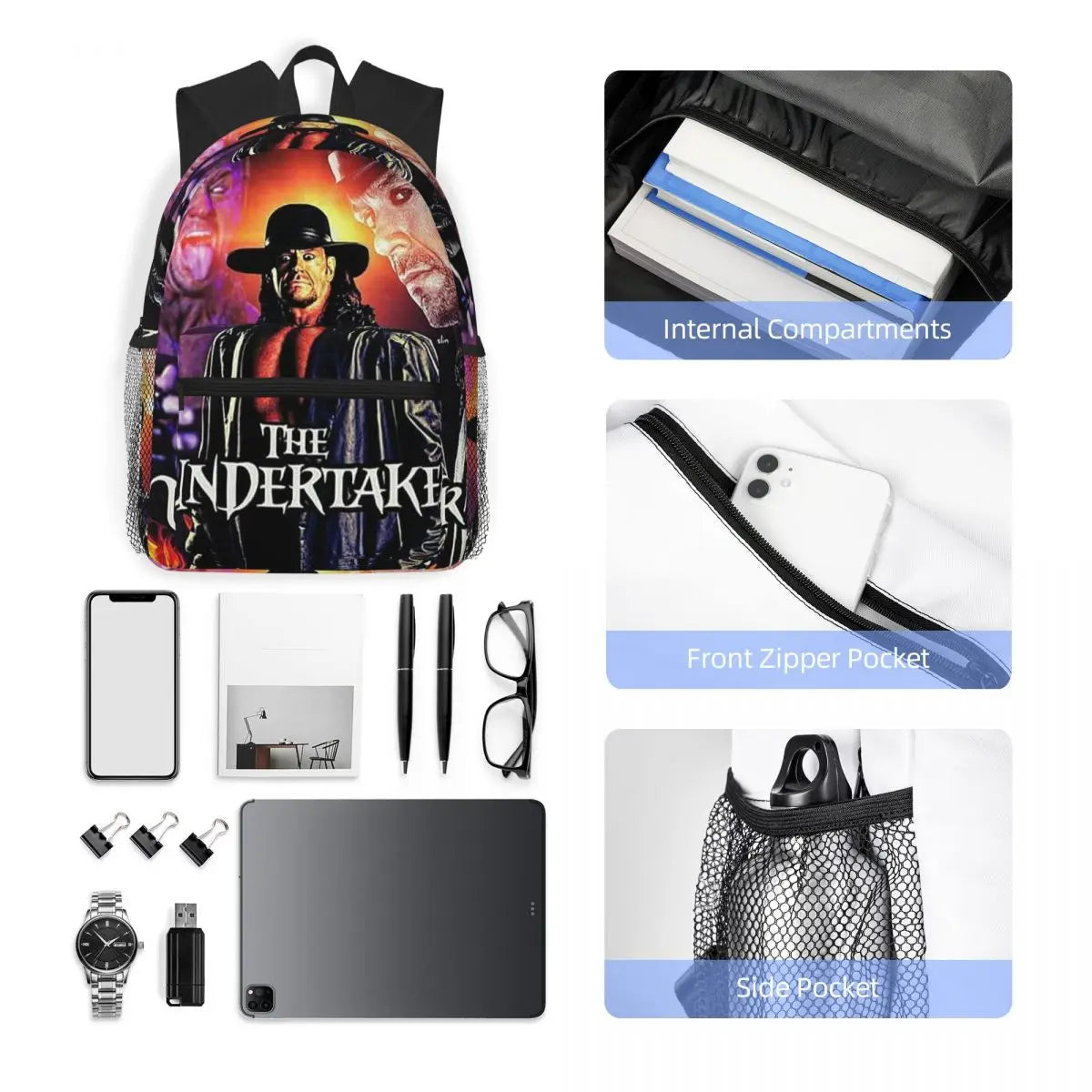 The Undertaker Wrestling Professional Wrestler Student Backpack School Bag Hiking Daypack for Boys Girl Bookbag Shoulder Bag