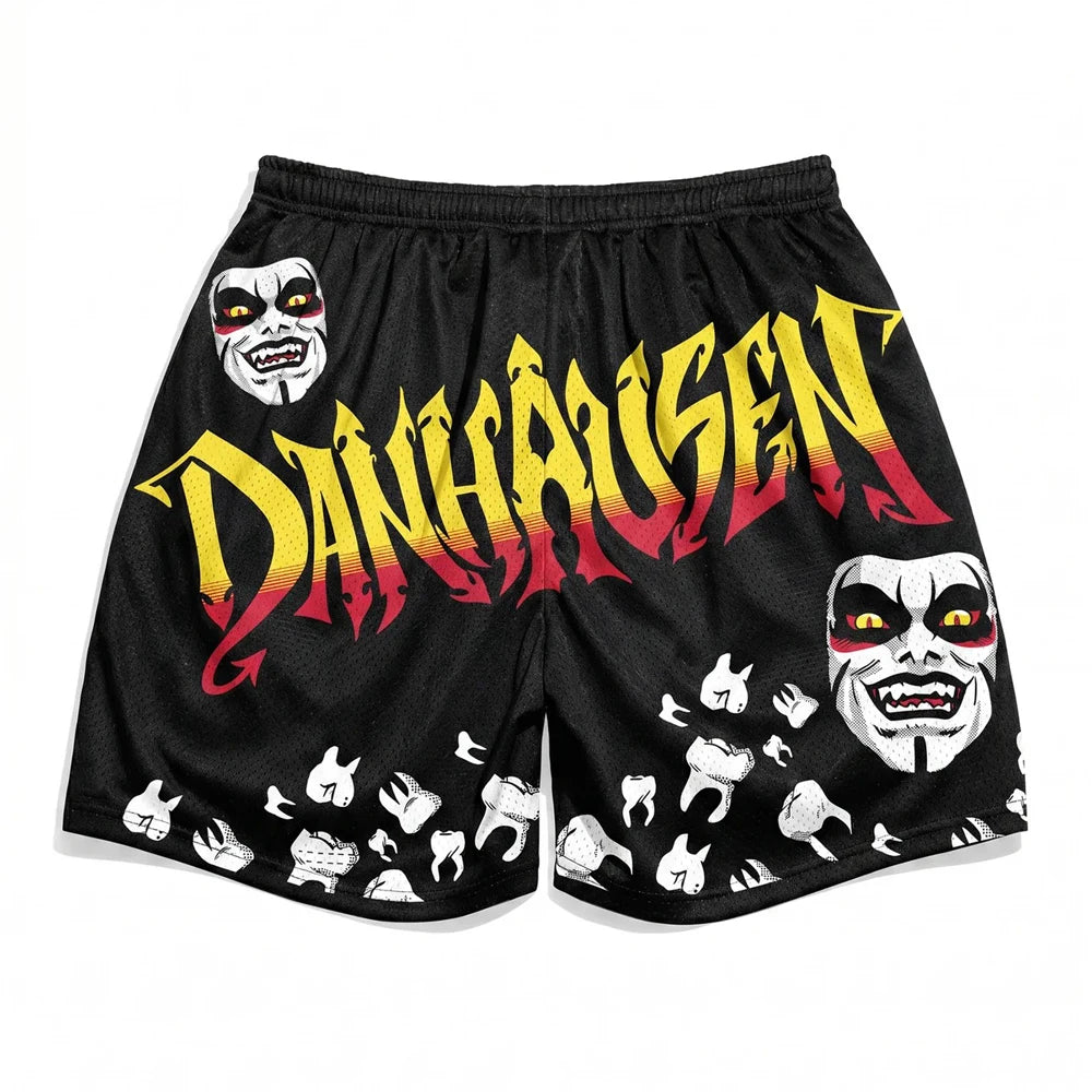 Men's Danhausen Wrestling Shorts Horror Cursed Teeth Gothic Mesh Shorts Unisex Harajuku Casual Streetwear Gym Beach Shorts