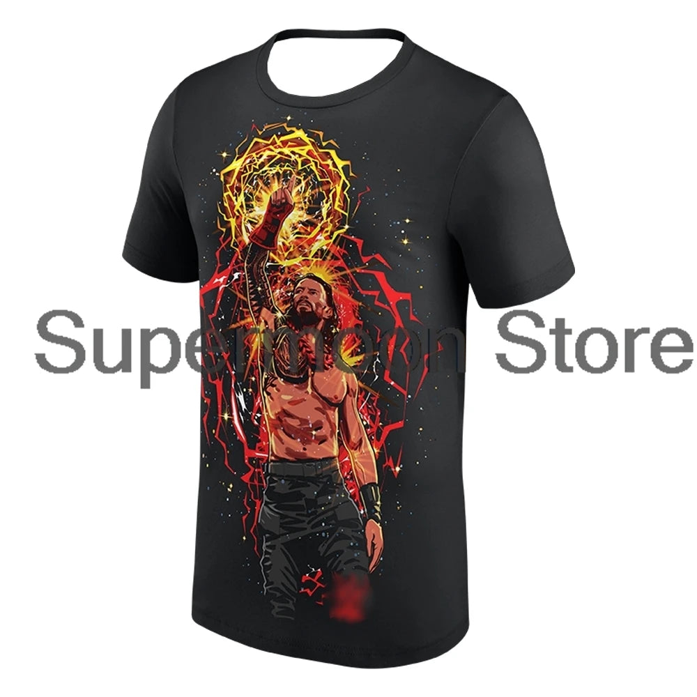 Roman Reigns Aura Cartoon T-shirt Crewneck Short Sleeve Polyester Black Tee Women Men Outdoor Streetwear Tops