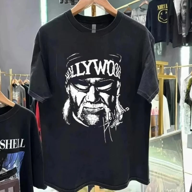 Summer New Retro Fashion Men's and Women's Street Wear American Hogan Hulk Hogan Black T-shirt Men's Cotton T-shirt