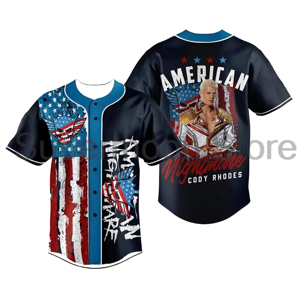 Cody Rhodes American Nightmare Baseball Jersey V-Neck Short Sleeve Button-up Shirts Women Men Outdoor Streetwear Tops