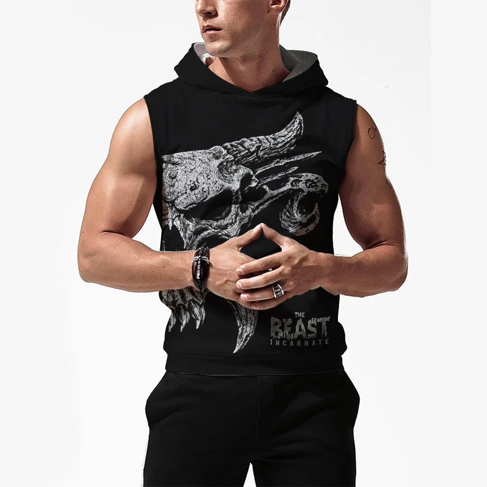 Men's Brock Lesnar All Over Skull Hooded Tank 3D Printed Quick Drying Breathable Gym Tank Top Sports Casual Sleeveless Hoodie