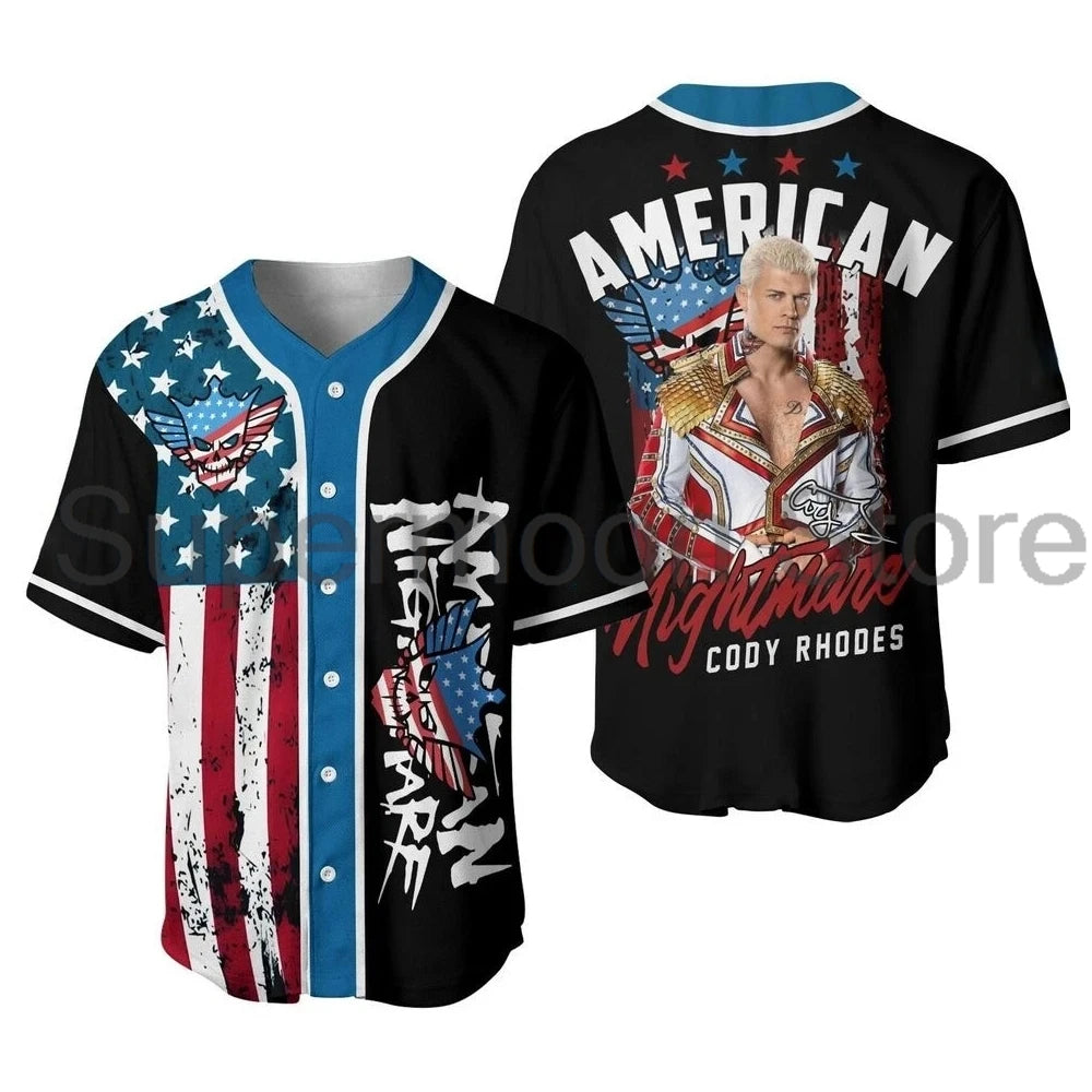 Cody Rhodes American Nightmare Baseball Jersey V-Neck Short Sleeve Button-up Shirts Women Men Outdoor Streetwear Tops
