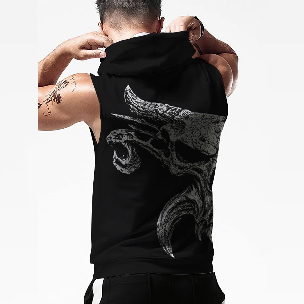 Men's Brock Lesnar All Over Skull Hooded Tank 3D Printed Quick Drying Breathable Gym Tank Top Sports Casual Sleeveless Hoodie