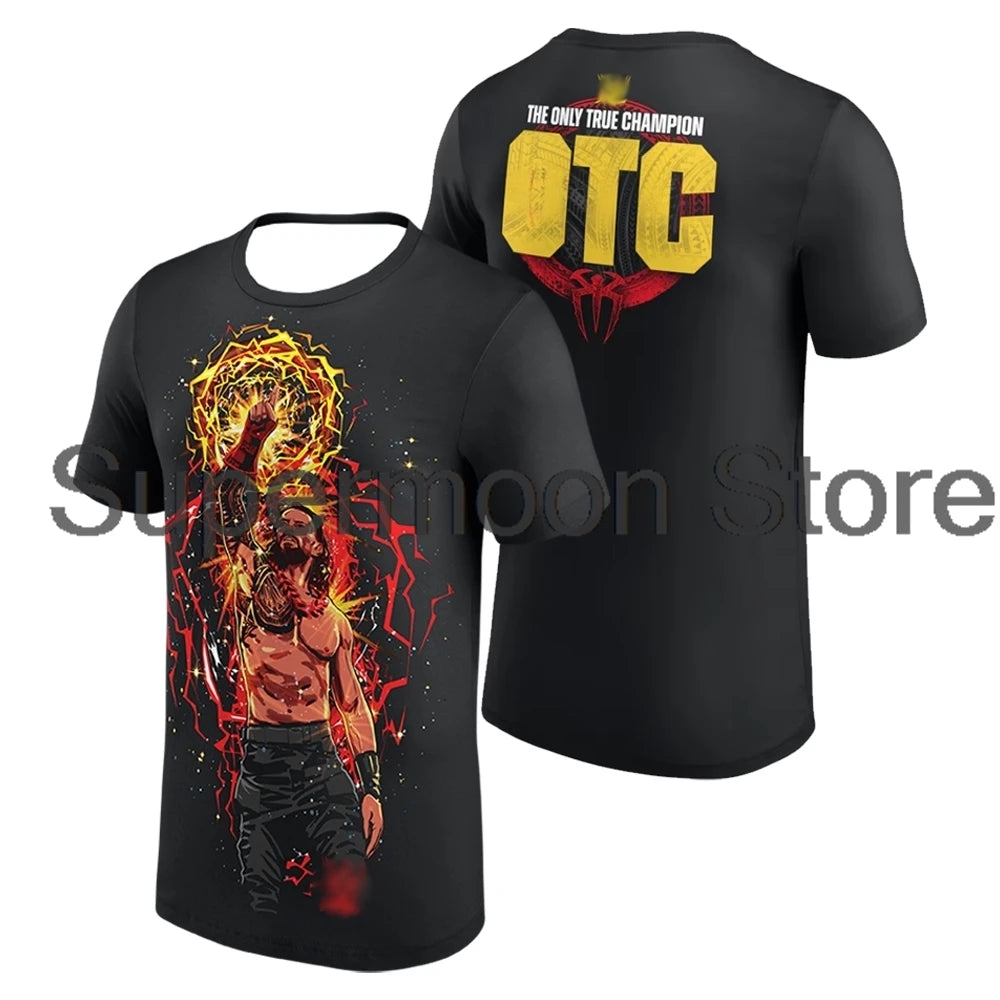 Roman Reigns Aura Cartoon T-shirt Crewneck Short Sleeve Polyester Black Tee Women Men Outdoor Streetwear Tops
