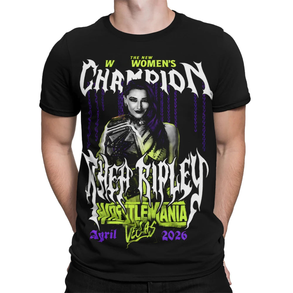 Men's Black Rhea Ripley WrestleMania 42 Winner T-Shirt 3D Printed Quick Drying Short Sleeve Outdoor Sports Casual T-Shirt 6xl